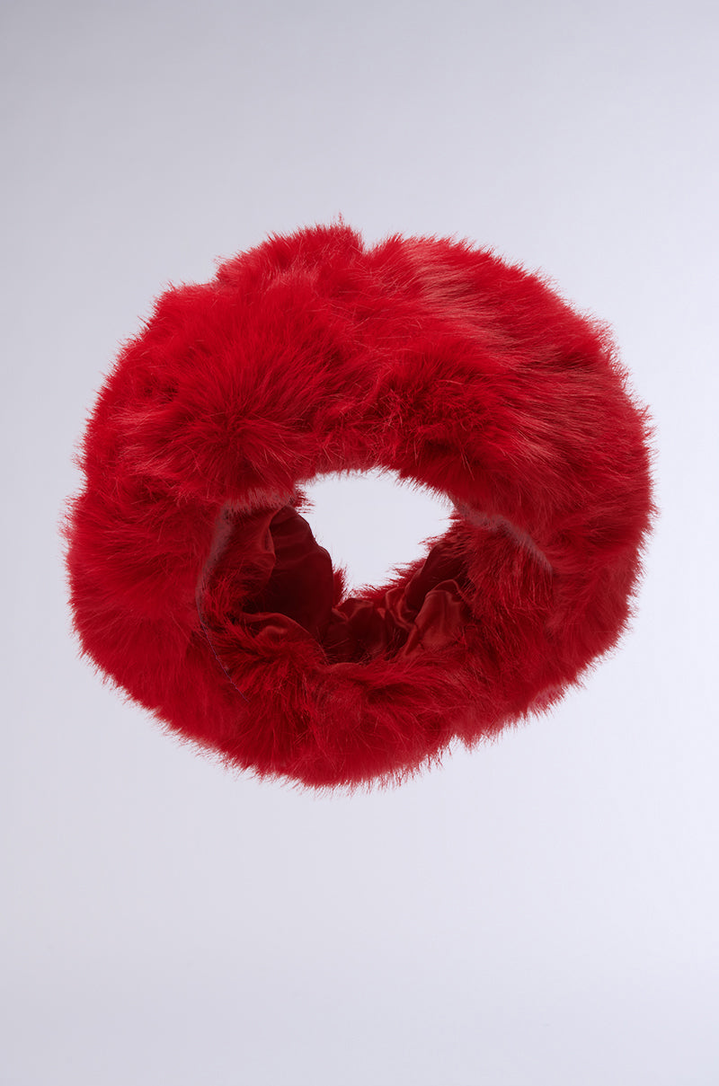 A LOOK AT ME NOW FAUX FUR HEADBAND in a vibrant red with a fuzzy texture is displayed against a plain light background. 2