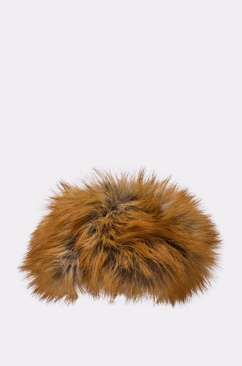 The REALLY LIKE THAT FAUX FUR HEADBAND features fluffy, reddish-brown faux fox fur with black-tipped strands, making it a stylish cold-weather accessory, displayed on a plain light gray background. 5