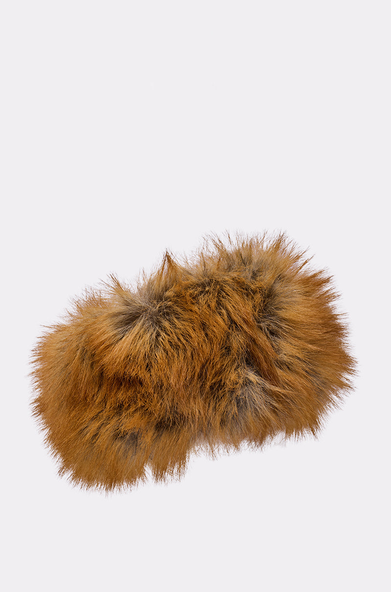 The REALLY LIKE THAT FAUX FUR HEADBAND features fluffy brown and black faux fox fur with a soft, shaggy texture—an ideal cozy cold-weather accessory—shown on a plain light gray background. 6