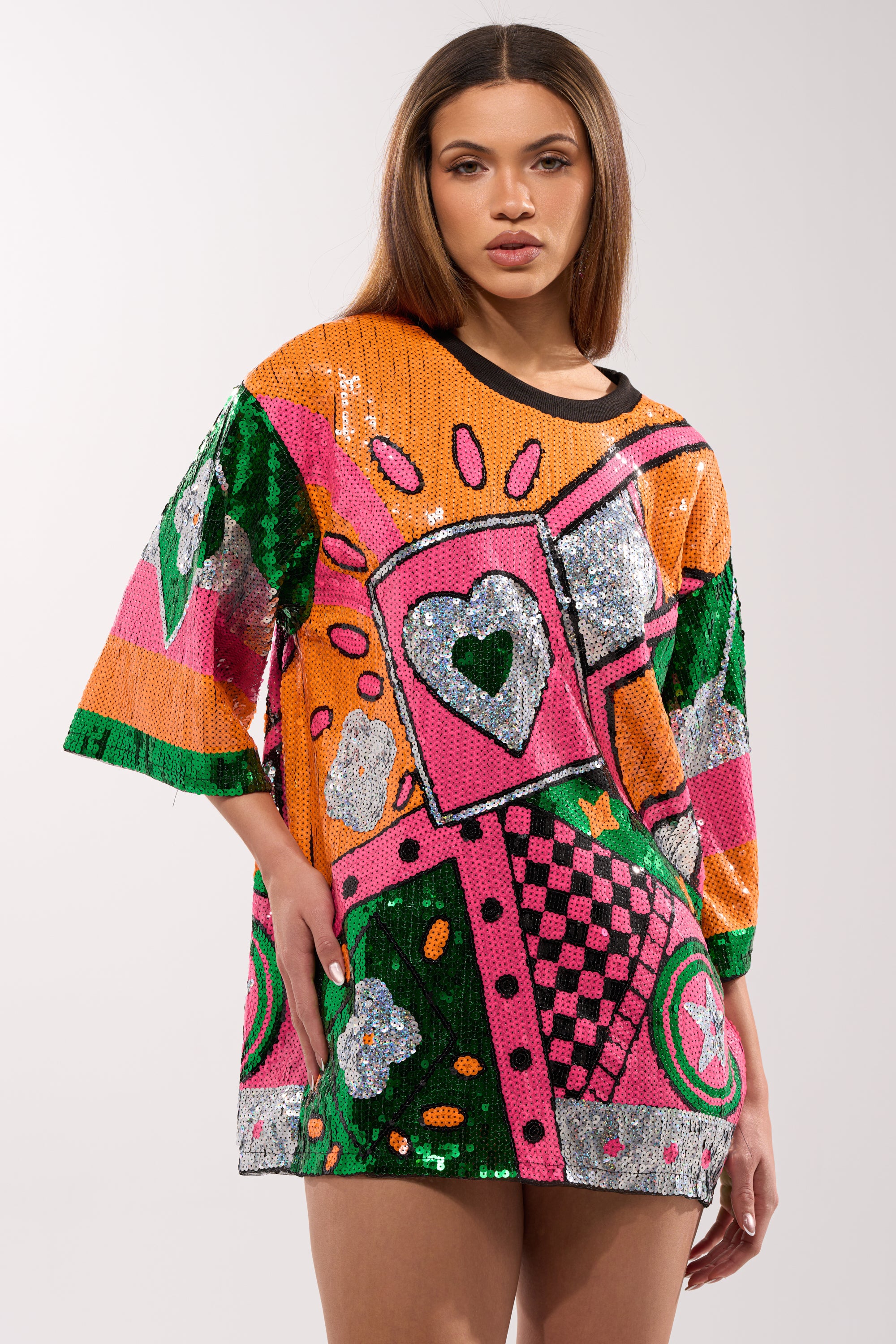 pastel pink dress HOUSE OF HEARTS SEQUIN TSHIRT DRESS – AKIRA