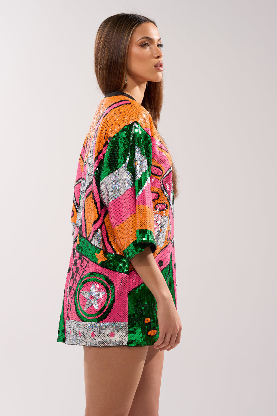 long sleeve sequin t shirt dress Long-Sleeve Sequin Mini Shirt Dress