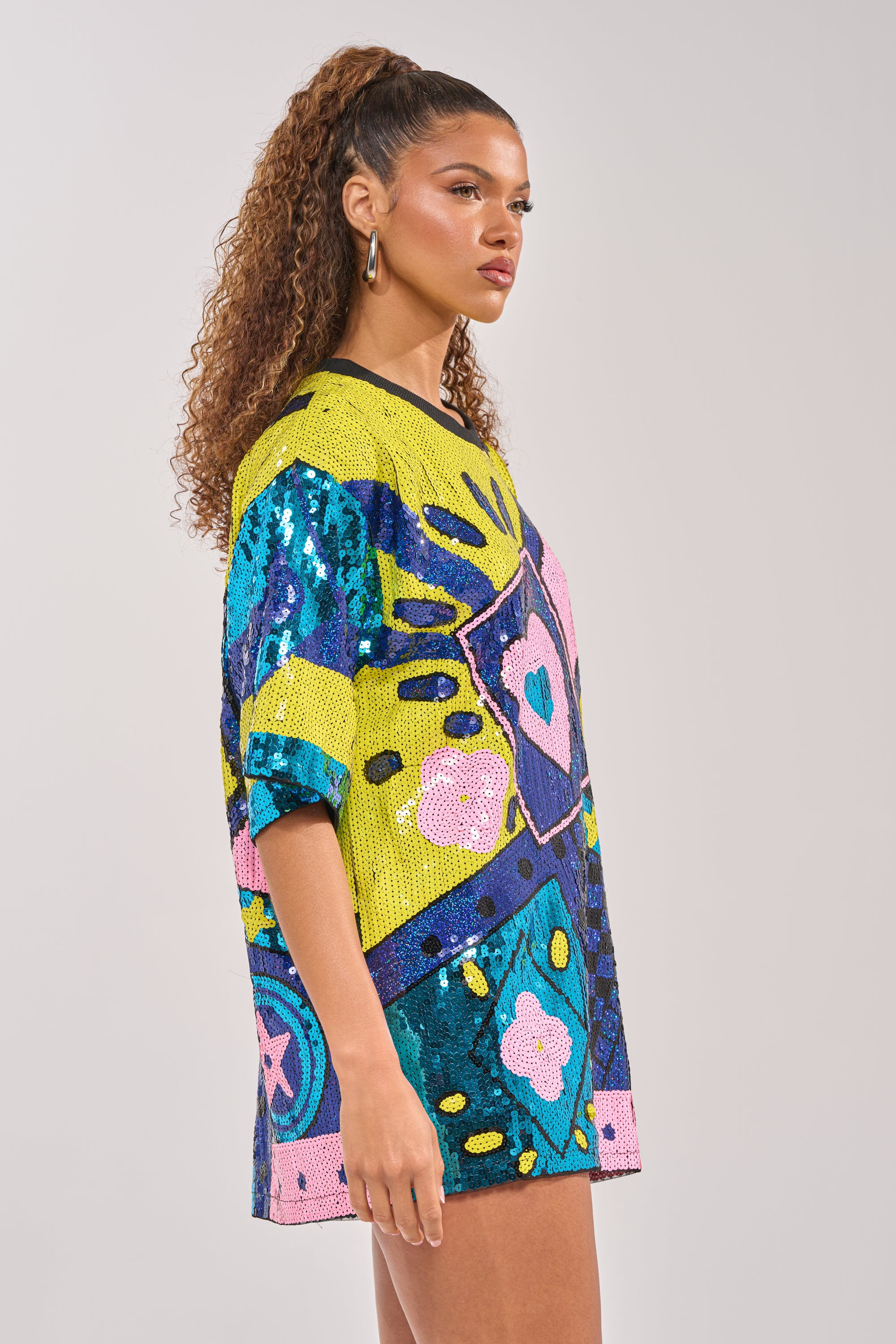 yellow dress with green heart AKIRA Queen Of Hearts Sequin T-Shirt Dress