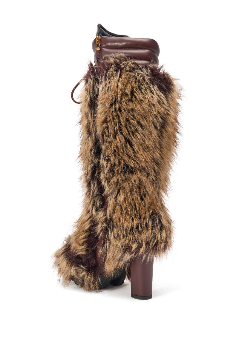 The AZALEA WANG HEARTBEAT BROWN MULTI BLOCK FUR BOOT is a high-heeled winter boot with brown and black faux fur, a dark brown leather upper and heel—perfect for fans of stylish faux fur knee-high boots. 4