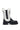 The AZALEA WANG HEART THROB BLACK WHITE SHEARLING LINING BOOTIE is a black mid-calf bootie with a chunky sole and platform heel. It features white fur trim that runs vertically from the top to the ankle and around the back. This sleek, modern design includes a side pull tab for easy wear.