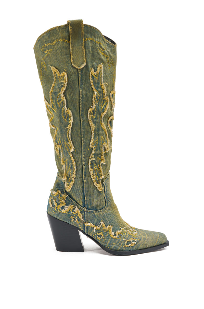 The AZALEA WANG HEINRICH DENIM WESTERN LOW HEEL BOOT is a single knee-high western boot in distressed greenish-brown leather with yellow stitching, pointed toe, angled block heel, and pull strap at the top.