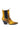The AZALEA WANG HENDERSON YELLOW CHUNKY BOOTIE features yellow and brown faux leather with a snakeskin pattern, pointed toe, black elastic side panels, pull tabs, and a chunky angled heel, shown on a white background.