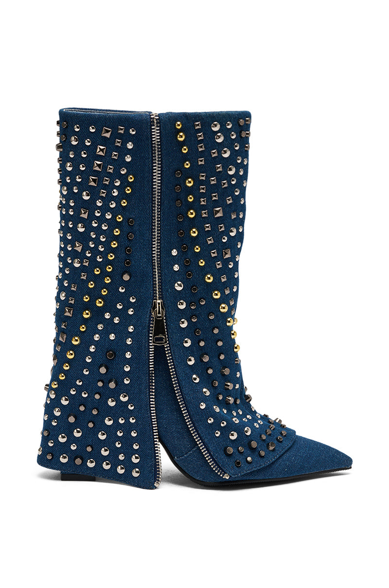 The AZALEA WANG HENZI DENIM STUDDED CHUNKY BOOTIE features blue denim and silver and gold studs, adding edgy flair to your look. 5