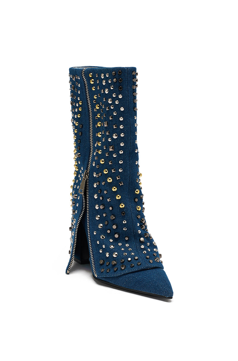 The AZALEA WANG HENZI DENIM STUDDED CHUNKY BOOTIE is a blue, mid-calf denim boot with gold and silver studs, a pointed toe, front zipper, and chunky heel—perfect for making bold style statements. 6