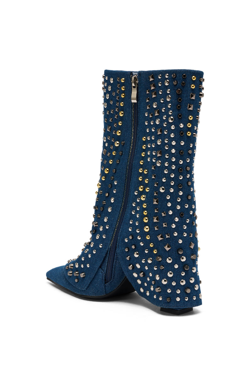 The AZALEA WANG HENZI DENIM STUDDED CHUNKY BOOTIE features mid-calf denim, pointed toes, chunky heels, silver and gold studs and spikes, and convenient side zippers. 7