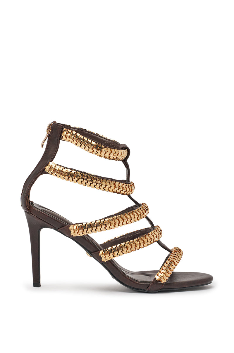 The AZALEA WANG HERSILIE BROWN GLADIATOR STILETO features ankle-high design and bold gold chain accents, bringing a glamorous touch to your style. 5