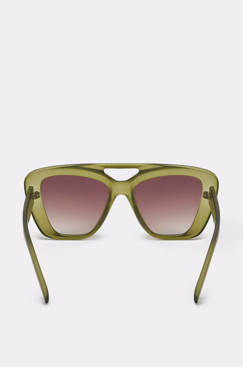 The MAL SUNGLASSES feature an olive green, matte-finish square frame with large gradient brown lenses. Wide angled arms and a keyhole bridge add standout style, making these sunglasses a bold fashion statement. 3