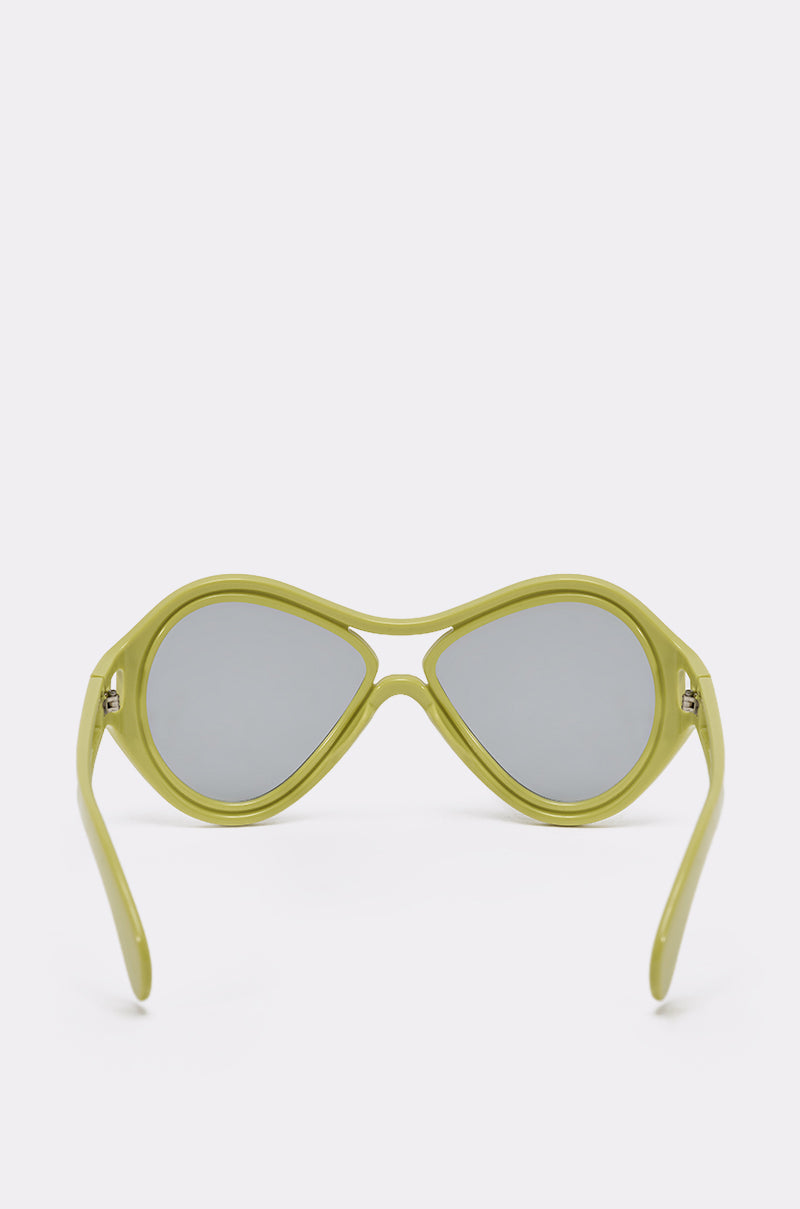 IN MY WORLD SUNGLASSES in lime-green feature thick, rounded frames and silver mirrored lenses, shown from the front on a plain light background. 3