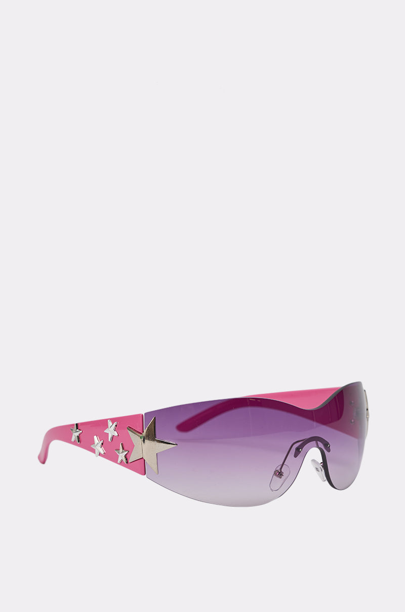 Introducing the MIMI SUNGLASSES: festival-ready eyewear featuring a pink frame, silver star-shaped side accents, and oversized gradient purple-tinted lenses. 0