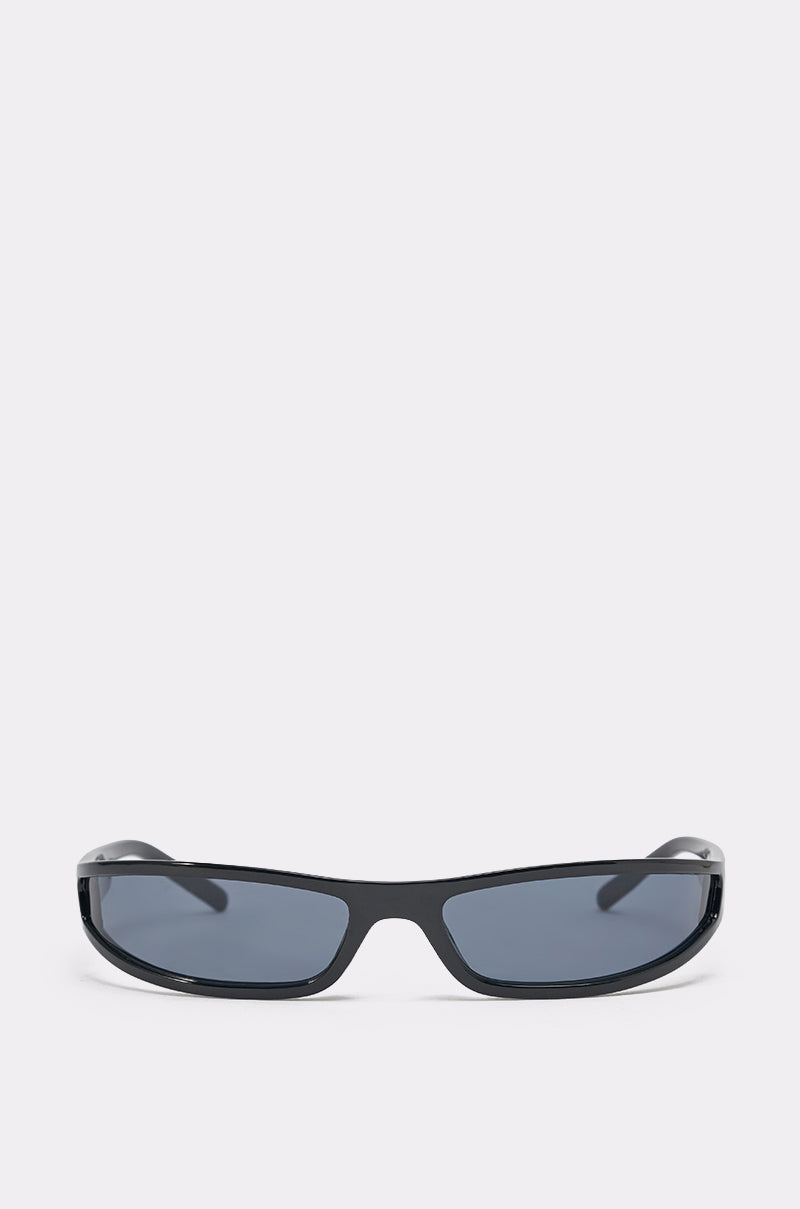 IN THE FUTURE SUNGLASSES: Sporty black wrap sunglasses with dark tinted lenses, curved arms, and a minimalist frame, set against a light gray background—ideal for an active lifestyle. 0