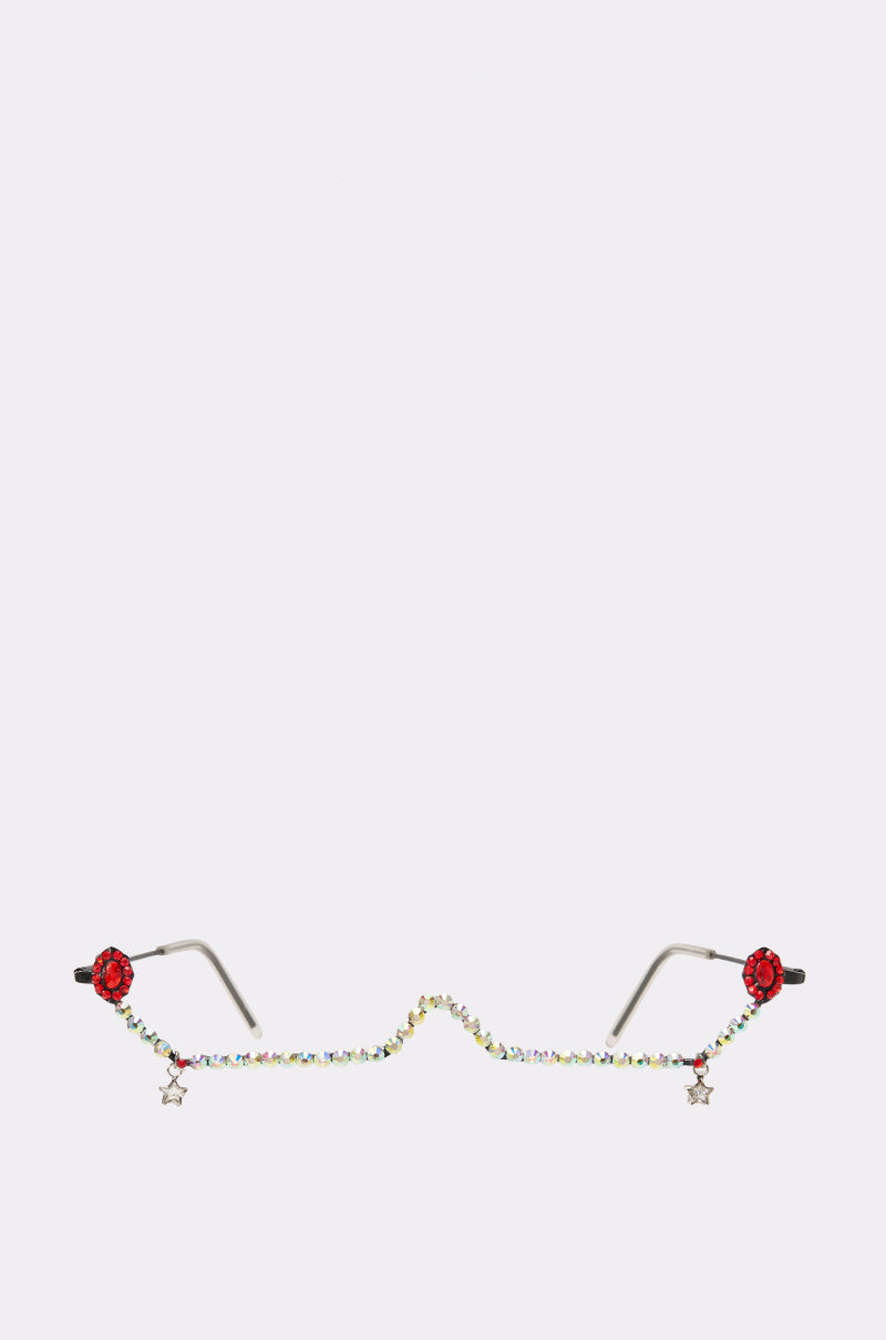 SCARLET DROP FRAMES: A decorative glasses chain featuring vibrant beads, red flower accents at each end, and dainty star charms—designed to elevate your festival eyewear—shown against a plain white background.