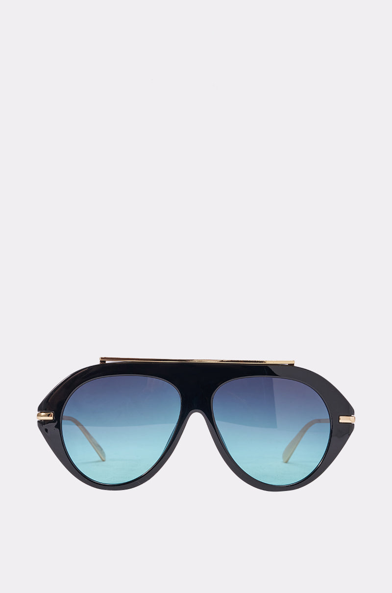 The LUXE AIR SUNGLASSES IN BLACK BLUE feature oversized aviator frames, blue gradient lenses, and gold accents—your perfect summer accessory, shown on a minimalist light background. 0