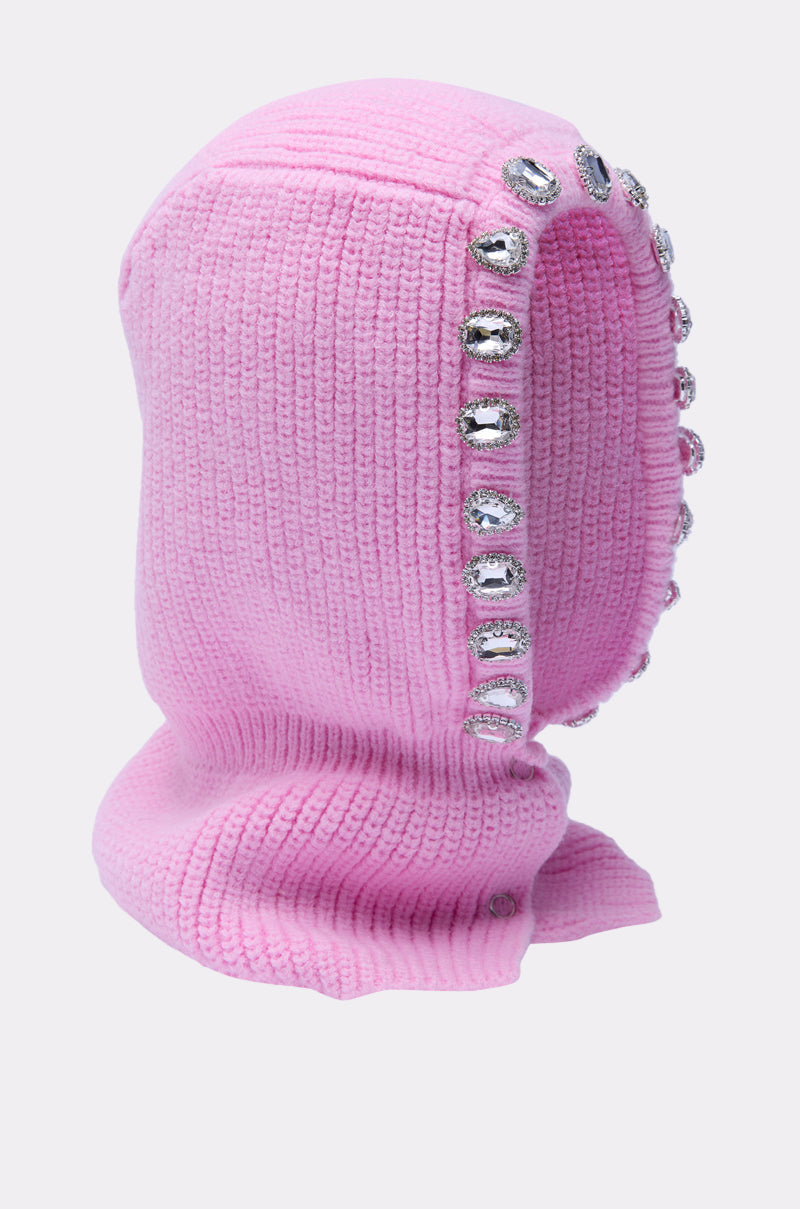 The I REALLY DO THIS EMBELLISHED SNOOD is a pink fisherman knit hood balaclava featuring two vertical rows of large, oval silver gemstones along the side. 3