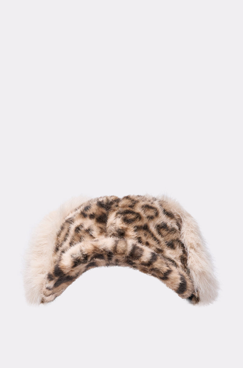 The ON MY SH** FAUX FUR HAT is a fuzzy, curved headband with a cheetah print and fluffy light faux fur trim on both sides, shown against a plain white background. 1