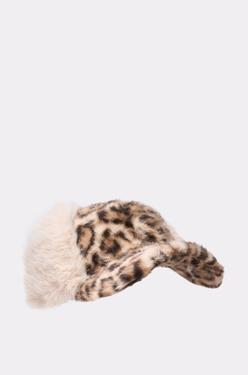 The ON MY SH** FAUX FUR HAT features a cheetah print design with a fluffy beige trim, shown against a plain light background. 2