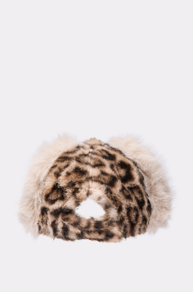 The ON MY SH** FAUX FUR HAT showcases a brown and black cheetah print center with beige faux fur sides, set against a plain white background. 3