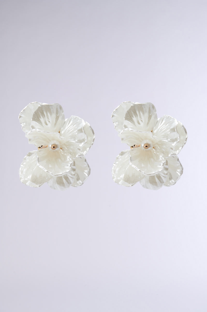 Experience elegance with the RICH BISH ENERGY EARRING, a pair of translucent flower-shaped earrings adorned with pearl centers and detailed blooming flower petal accents, set against a light gray background.