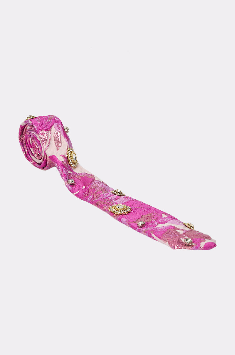 The GIRLS GIRL EMBELLISHED TIE features pink and gold embroidered fabric with floral brocade, sequins, and bead embellishments, displayed on a plain white background. 4