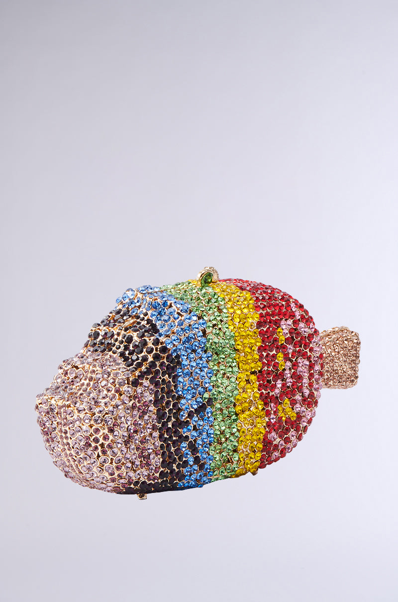 The LICK IT BLING BAG is a fish-shaped beaded handbag with rows of rainbow beads and rhinestone accents, displayed on a light gray background.