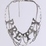 The TOO PRETTY FOR THIS NECKLACE features large, sparkling letters spelling "PRETTY" in rhinestones on a silver chain with an adjustable clasp for the perfect fit.