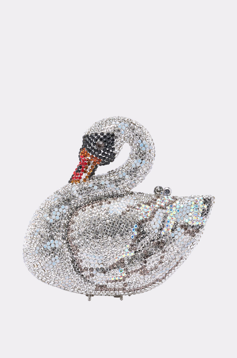 The REGAL BLING CLUTCH is a metallic swan-shaped evening bag covered in silver, black, red, and orange rhinestones. Its dazzling hardshell design features a graceful curved head—perfect for adding glamour to any event. 4
