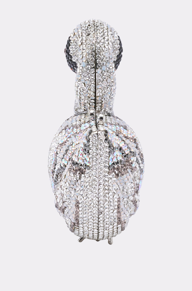 The REGAL BLING CLUTCH is a jeweled swan-shaped purse adorned with silver and clear rhinestones, photographed on a plain white background. 5