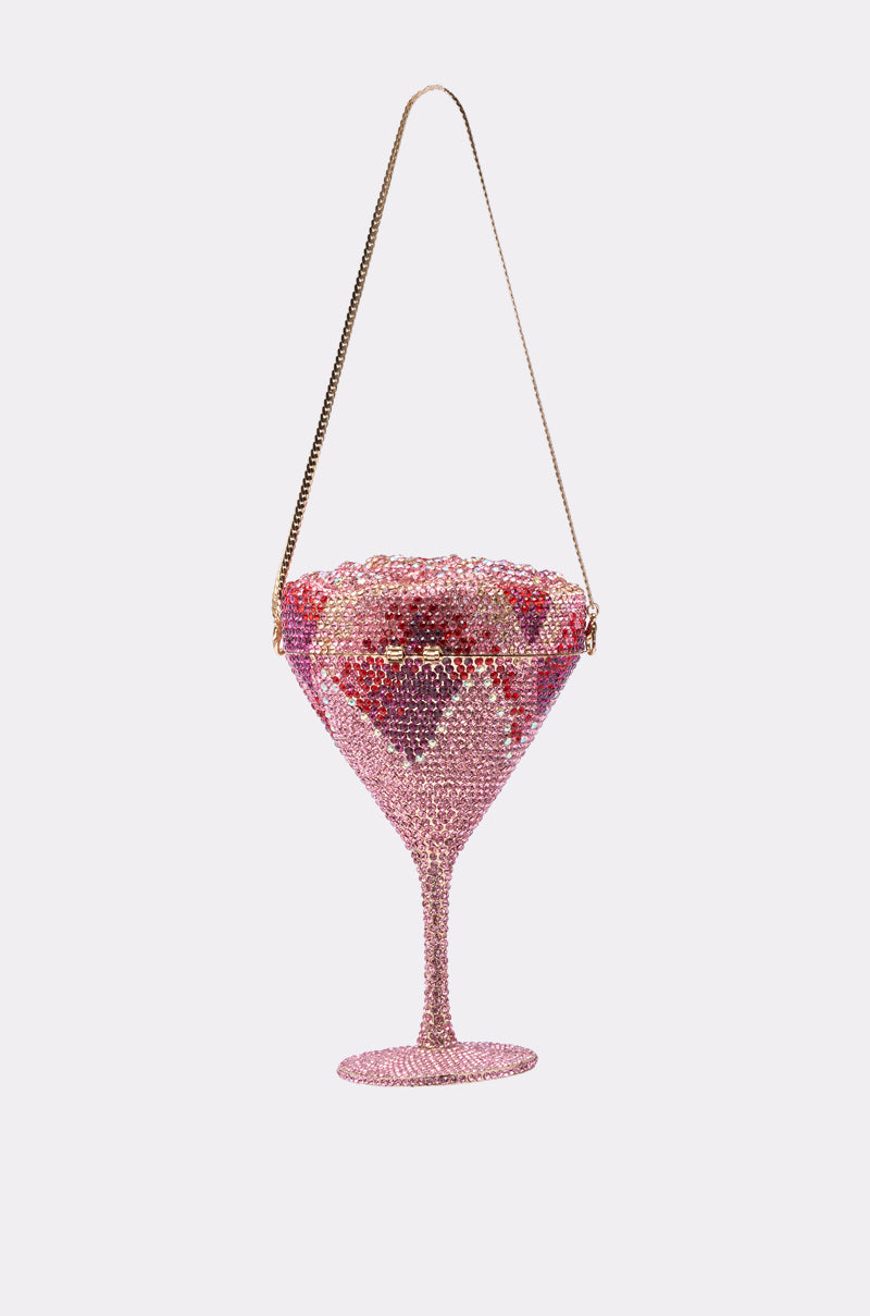 The TAKE A SIP BLING PURSE is a martini glass clutch adorned with sparkling pink, red, and gold crystals and a thin gold strap—perfect as a statement accessory for any glamorous night out. 6