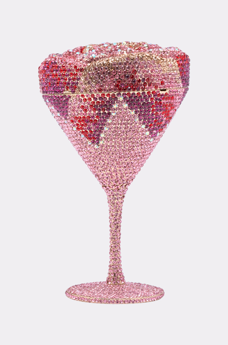 The TAKE A SIP BLING PURSE is a martini glass clutch covered in sparkling pink and red rhinestones, featuring a decorative pattern for a dazzling statement accessory. 8