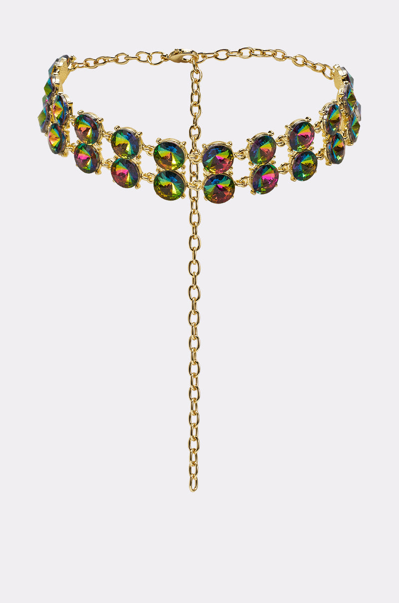 The U HAVENT SEEN THIS BEFORE NECKLACE features a gold finish, colorful iridescent gemstones in two rows, and a central hanging gold chain—perfect for adding eye-catching sparkle to any occasion. 0