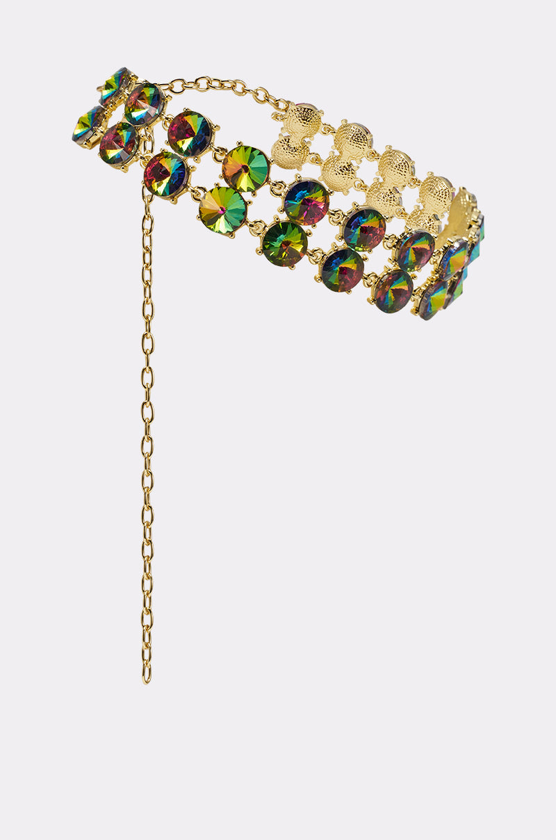 The U HAVENT SEEN THIS BEFORE NECKLACE is a gold choker with three rows of iridescent stones, intricate detailing, and a dangling adjustable extender chain for the perfect fit. 2