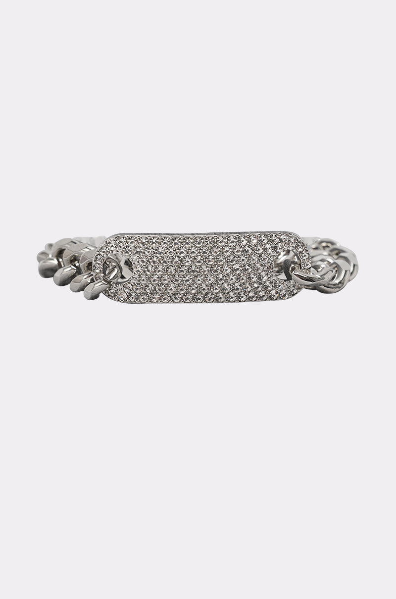 The LETS LINK BRACELET features silver-tone curb links and a rectangular rhinestone ID bar encrusted with sparkling crystals, shown on a plain white background. 2