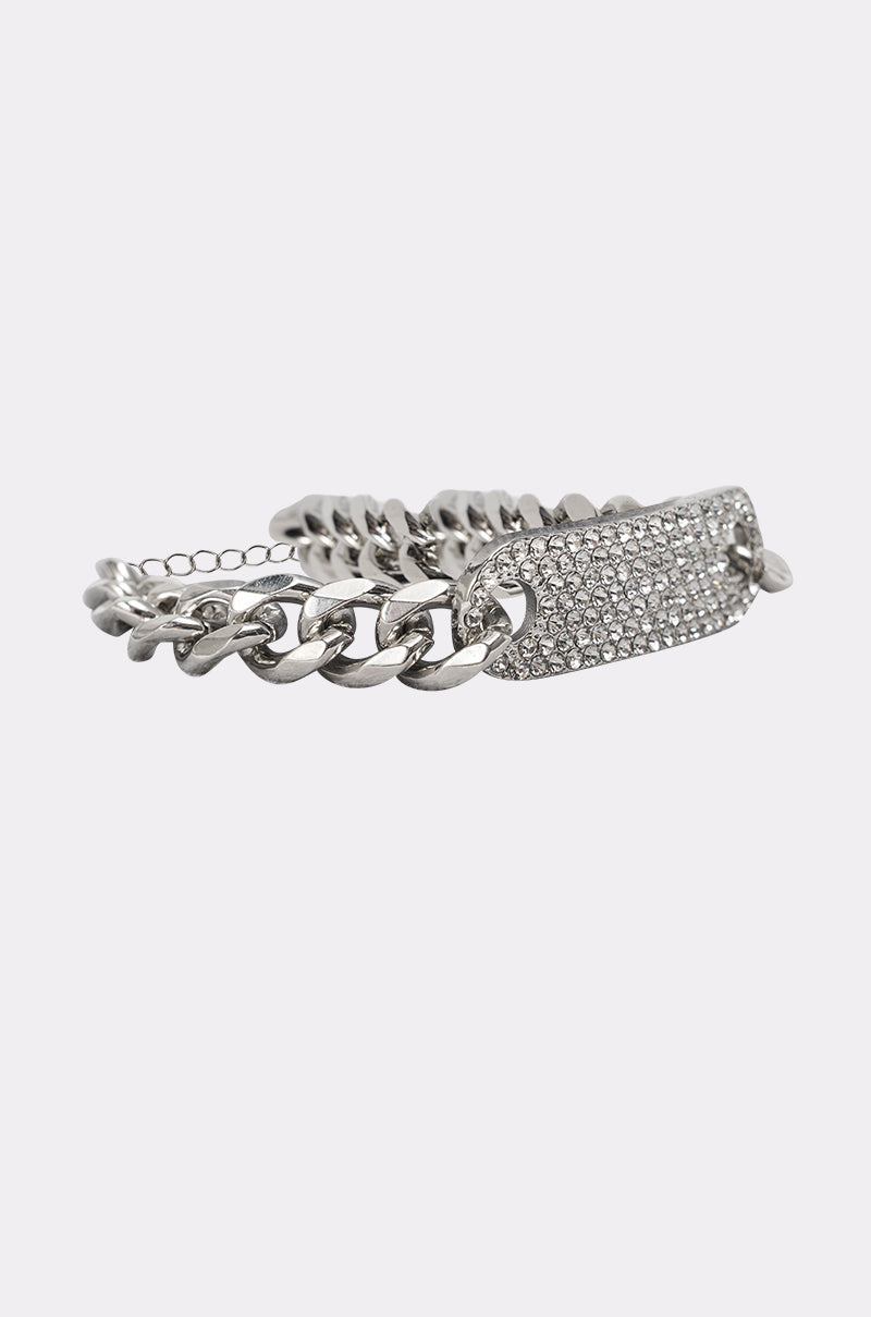 The LETS LINK BRACELET is a silver-tone curb link chain with a rhinestone-encrusted rectangular ID bar, shown on a plain white background. 3