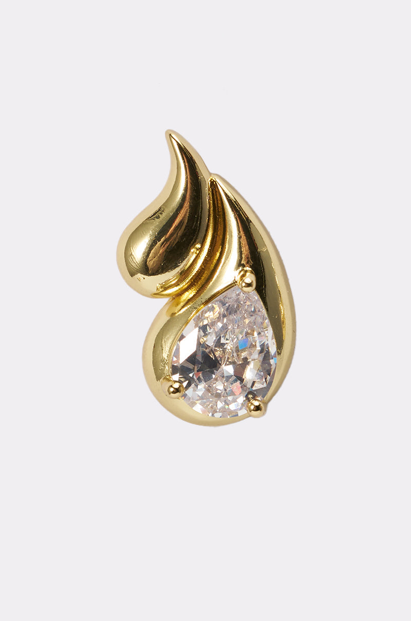 The OLD MONEY EARRING features a gold teardrop pendant with a clear gemstone at the base and a smooth, curved gold design above, shown against a plain white background. 4