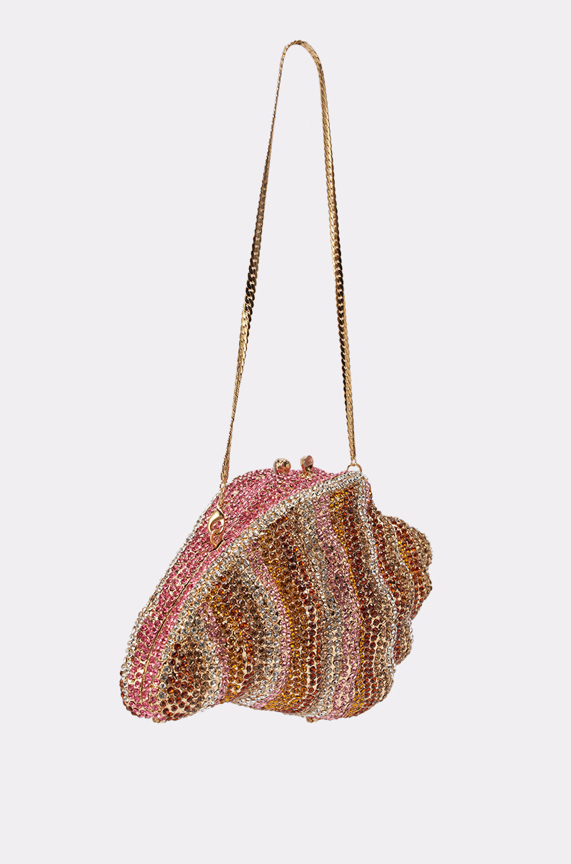 The THIS IS MY SHELL BLING CLUTCH is a beaded shell-shaped bag with pink, gold, and silver accents and a long gold chain strap—perfect for your beach vacation. Shown against a plain white background. 6