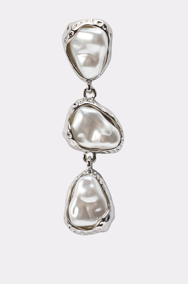 The SUE EARRING features silver drop earrings with three irregular, organic-shaped frames, each holding a smooth, pearl-like accent and connected vertically—an ideal statement piece for evening wear. 5