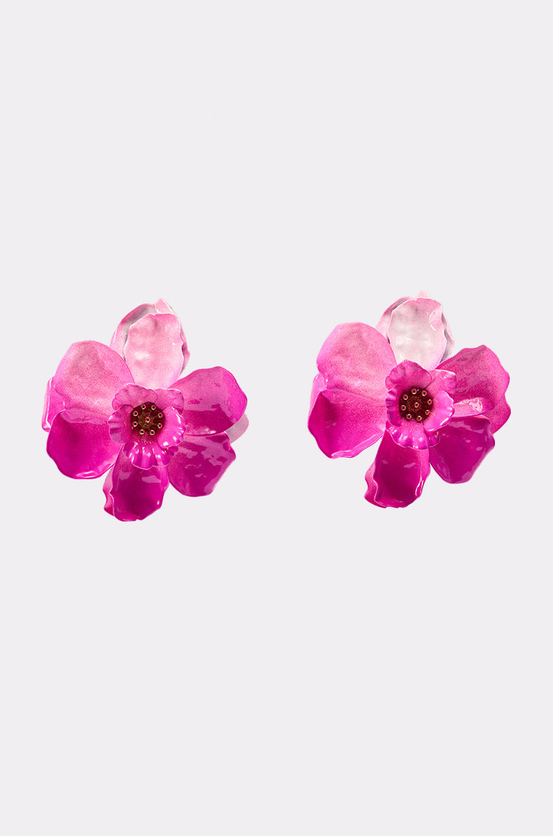 Add a pop of color to your getaway look with the DONT TALK TO ME EARRING—two bright pink, translucent tropical floral studs with dark pink bead centers, displayed on a white background. Perfect vacation jewelry!. 3