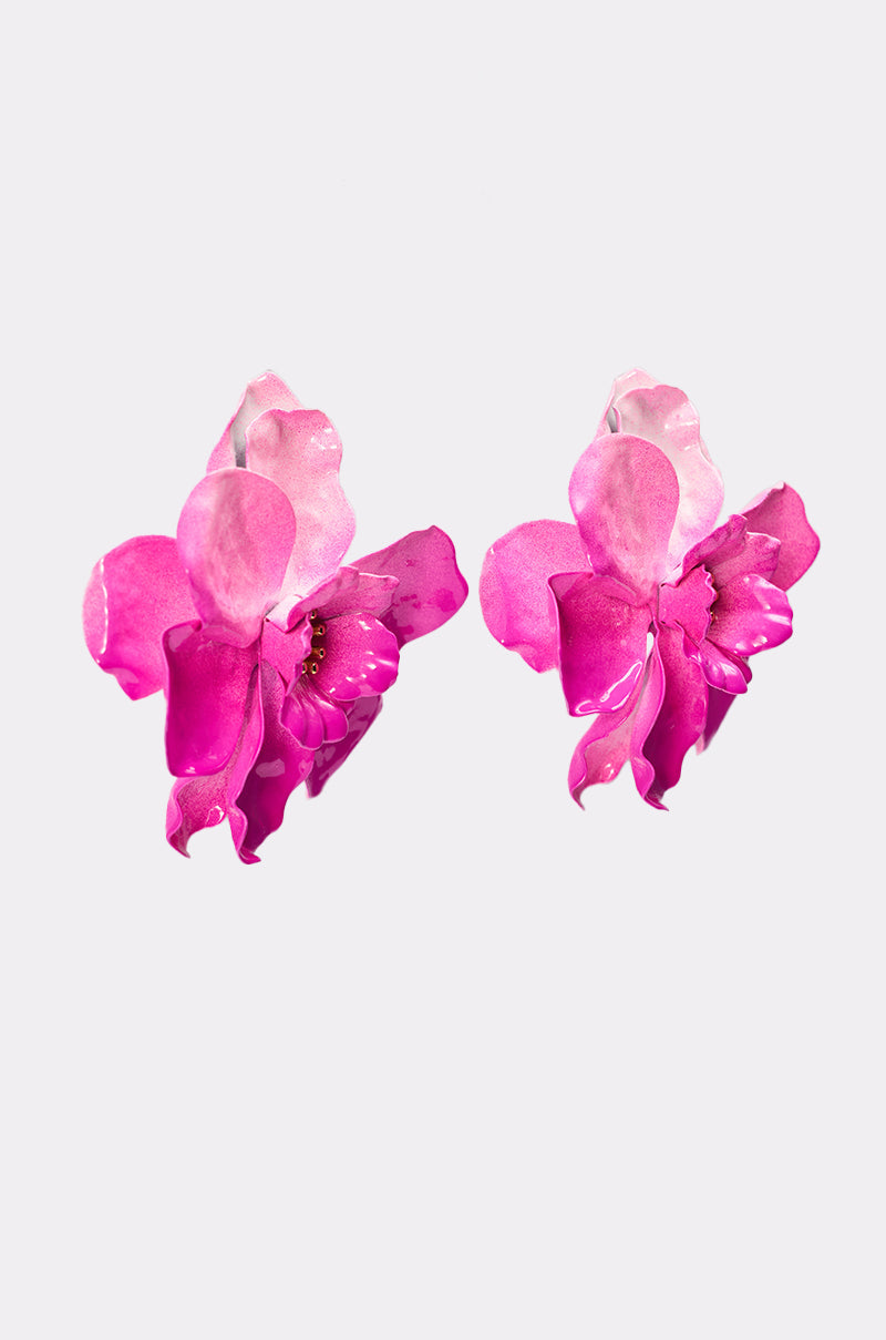 Two vibrant pink and magenta DONT TALK TO ME EARRING studs, shaped like orchids with layered petals, are displayed on a plain light gray background. 5