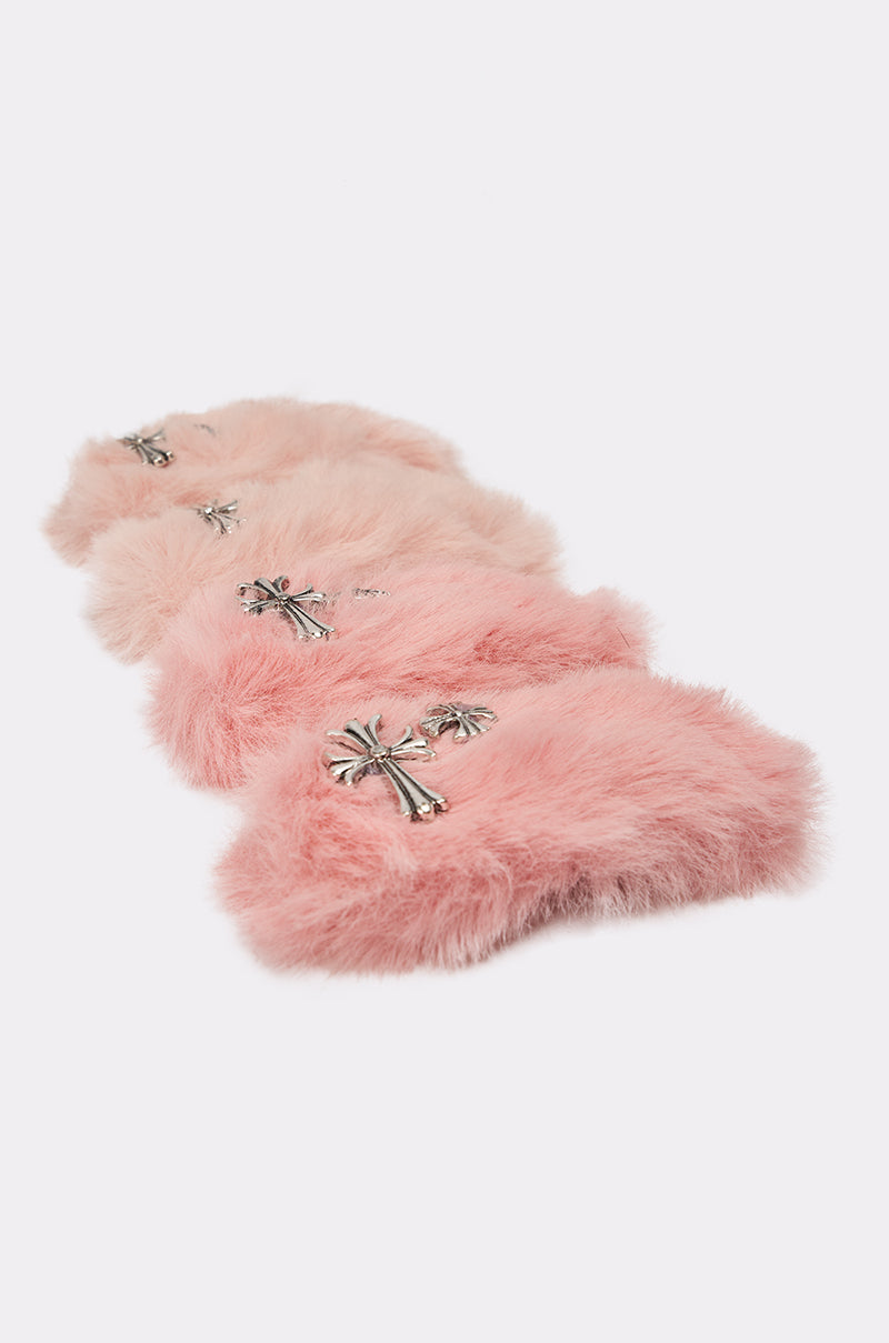 The GET IT FUR HAIR CLIPS set features four plush pink faux fur snap barrettes with silver cross-shaped accents, arranged diagonally on a light background—a standout statement accessory. 5