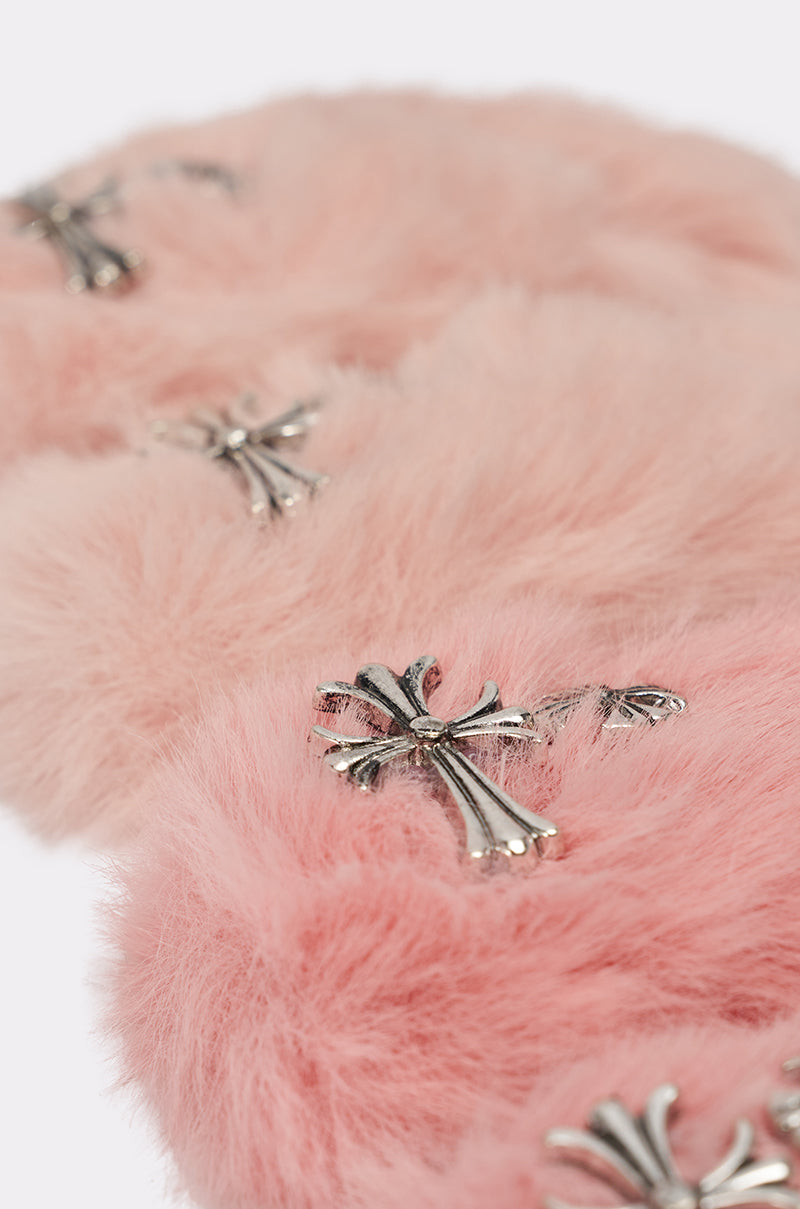 Close-up of the GET IT FUR HAIR CLIPS shows soft, fluffy pink material resembling plush faux fur, decorated with small raised silver cross-shaped metal accents for a stylish touch. 6