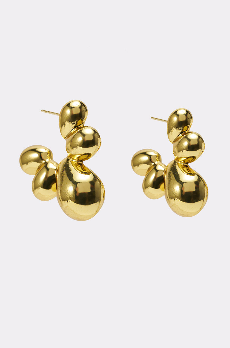 The FLOWER POWER EARRING features shiny gold-tone statement earrings with a sculptural bubble silhouette and an abstract, clustered design, displayed against a plain white background. 1