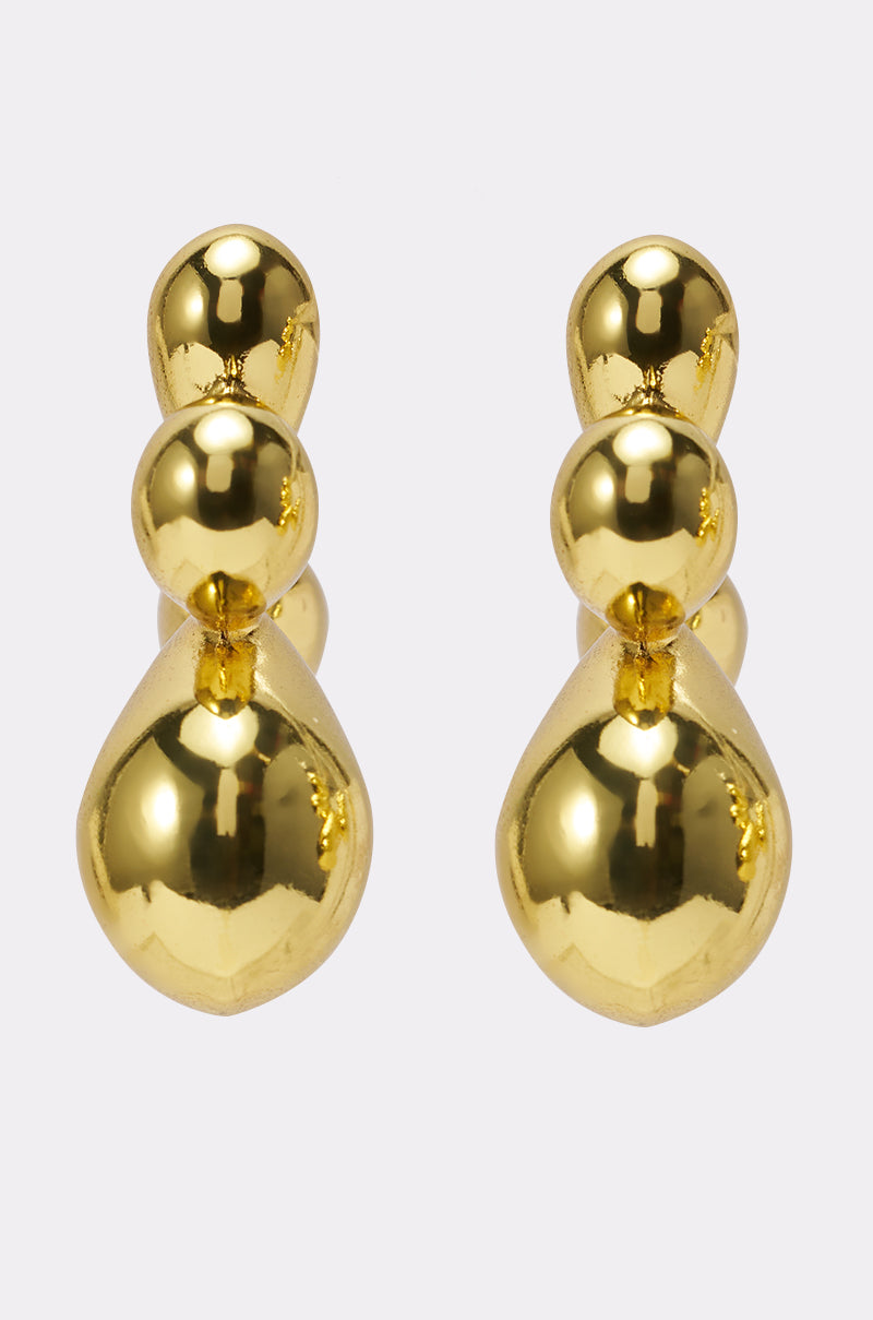 The FLOWER POWER EARRING features a shiny gold-tone finish with three connected spheres in descending sizes, creating a sculptural bubble silhouette against a plain light background. 2