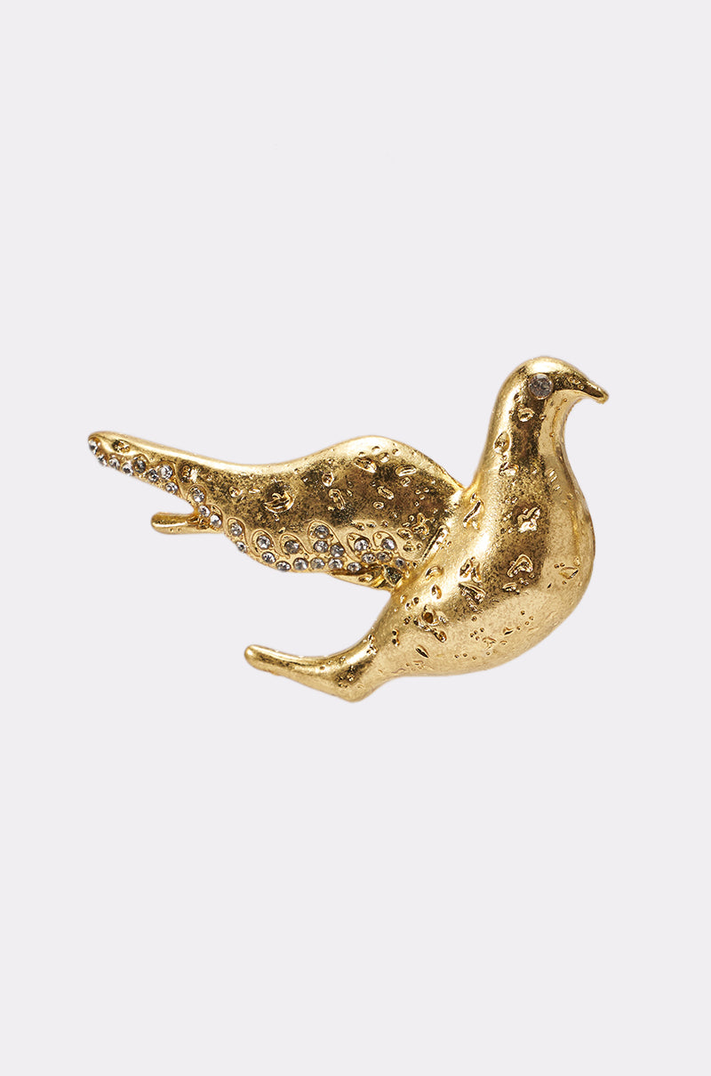 The SPREAD YOUR WINGS EARRING is a vintage-inspired gold bird-shaped earring featuring textured details and delicate crystal accents, displayed against a plain white background. 3