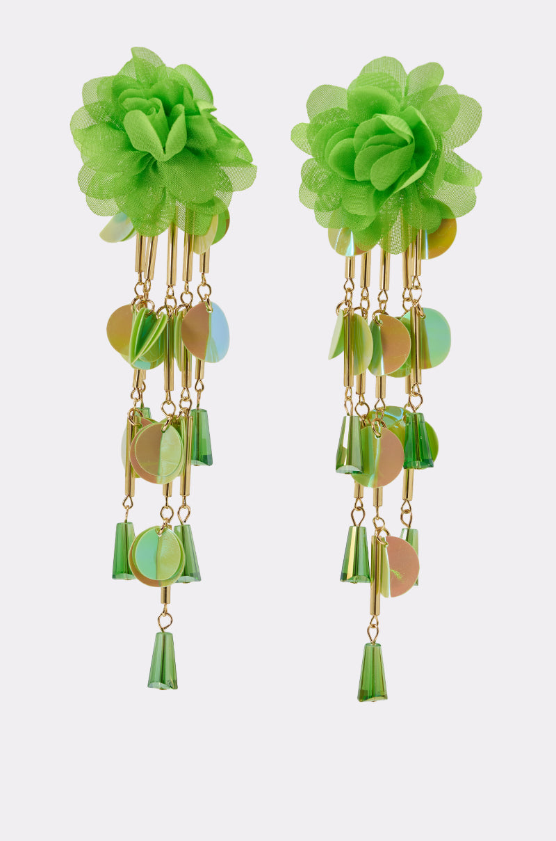 The NO ENVY EARRING features green fabric floral tops, gold chains, and beaded fringe with green and iridescent disc and cone-shaped beads for a bold statement look. 0
