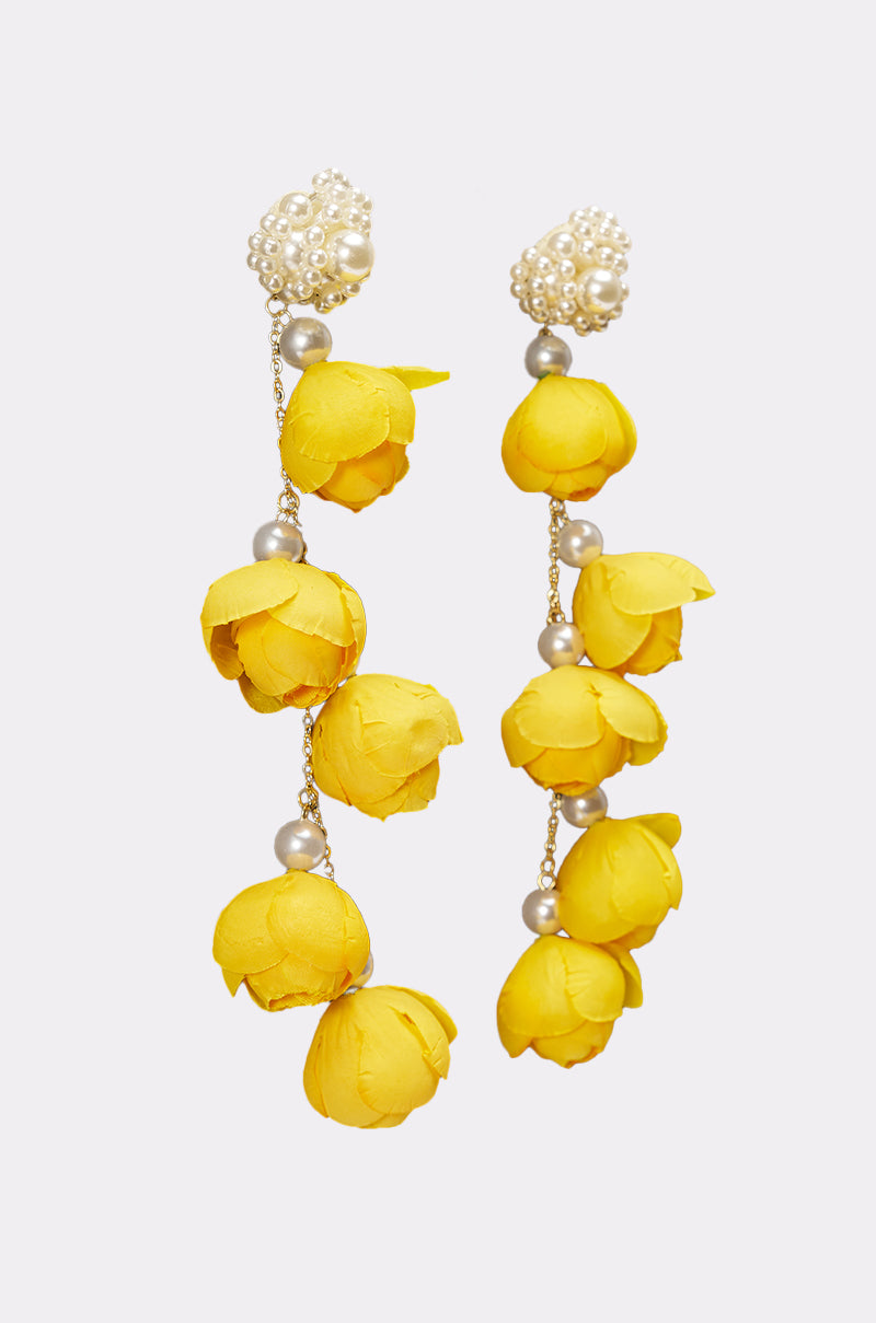 The LETS BLOOM DANGLE EARRING features yellow floral clusters with pearl-like beads and gold chain accents—perfect statement earrings for summer, shown against a white background. 2