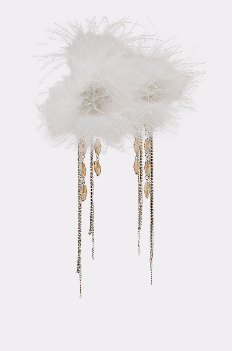 The LUXE LIVING FEATHER EARRING features fluffy white feathers, gold and silver dangling chains, crystal chain accents, and charms—an eye-catching accessory for anyone wanting standout statement earrings. 2
