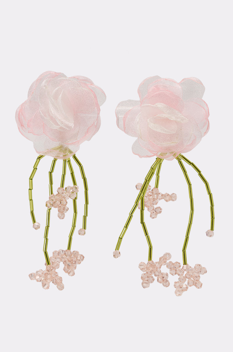 IN THE GARDEN EARRING: Floral drop earrings with sheer, light pink organza petals, dangling green bead stems, and clusters of small pink beads that resemble blossoms. 1